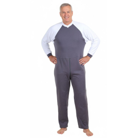 Grenouillere adulte molleton, tissu en coton, combinaison chaude, col V, bicolore gris blanc