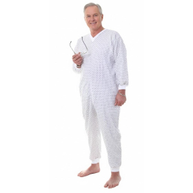 Grenouillère éco homme, jambes et manches longues, blanche avec motifs noirs, fermeture dos avec zip