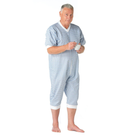 Grenouillère adulte homme, tissu résistant, jambes et manches courtes, motifs bleus sur fond blanc