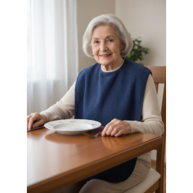 bavoir éponge adulte bleu marine mis en situation sur une femme âgée, décor de salle à mange privée