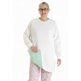 Bavoir adulte avec manches, éponge blanc, revers membrane verte imperméable