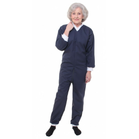 grenouillère adulte femme, jambes et manches longues, vue de face, couleur unie bleu marine, bord côte blanc