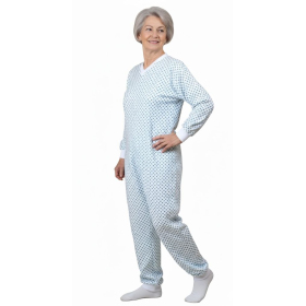 grenouillère adulte médicale éco duo, fond blanc avec motifs bleus et verts, jambes et manches longues, fermeture éclair au dos