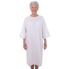 Chemise de nuit médicalisée, chemise d'hôpital, fermeture dos, coloris fond blanc et motifs noirs