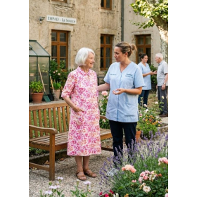 robe médicalisée rose mise en situation dans le jardin d'un ehpad avec la présence du personnel soignant