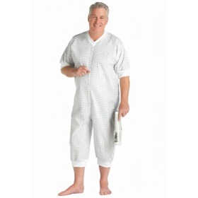 grenouillère éco adulte médicale présentée de face sur mannequin homme. Motifs noirs sur fond blanc