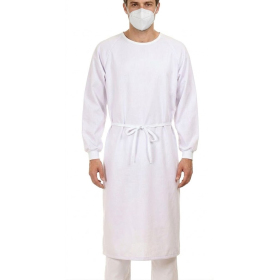 surblouse en tissu unisexe, coloris blanc présenté sur mannequin, vu de face, protection hospitalière lavable.