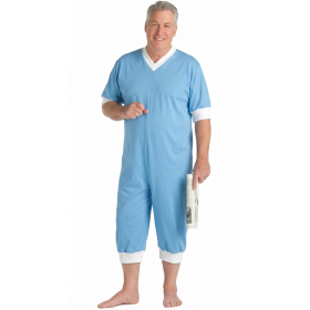 Grenouillère éco homme, jambes et manches courtes, coloris uni bleu ciel et bord-côtes blanc, col V