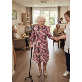 Robe médicalisée pour femme âgée AMBRE à manches longues, portée en EHPAD