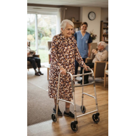 Robe médicalisée pour femme âgée MOKA à manches longues, portée en EHPAD