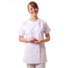 tunique infirmière blanche, col rond, boutonnage pression inox, ifsi, lycée professionnel ASSP, ambulancière